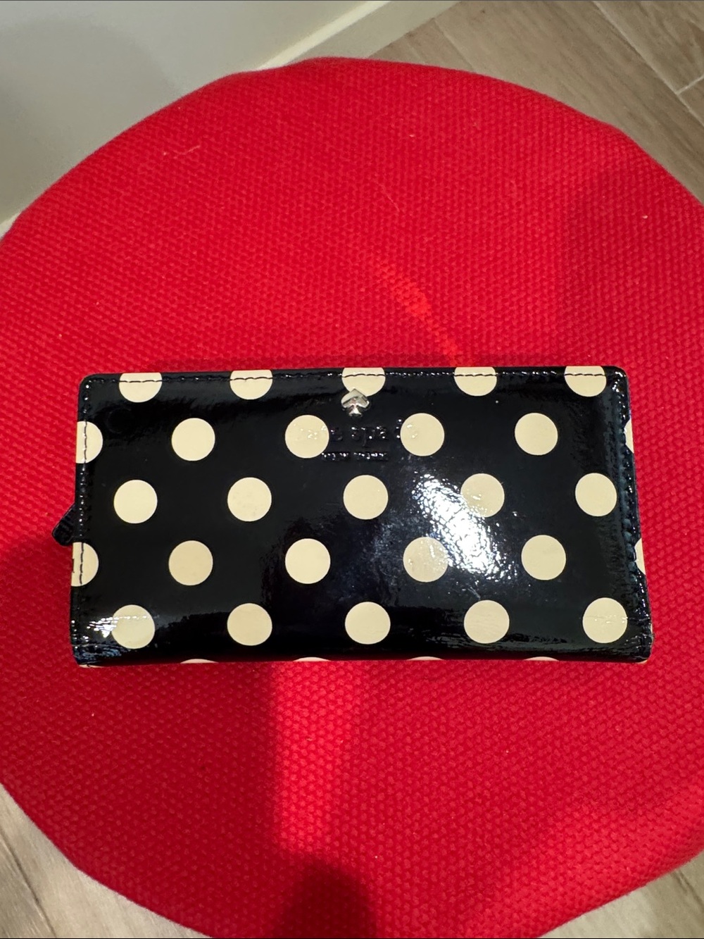 kate spade Black Patent Polka Dot Wallet with Gold Spade Accent